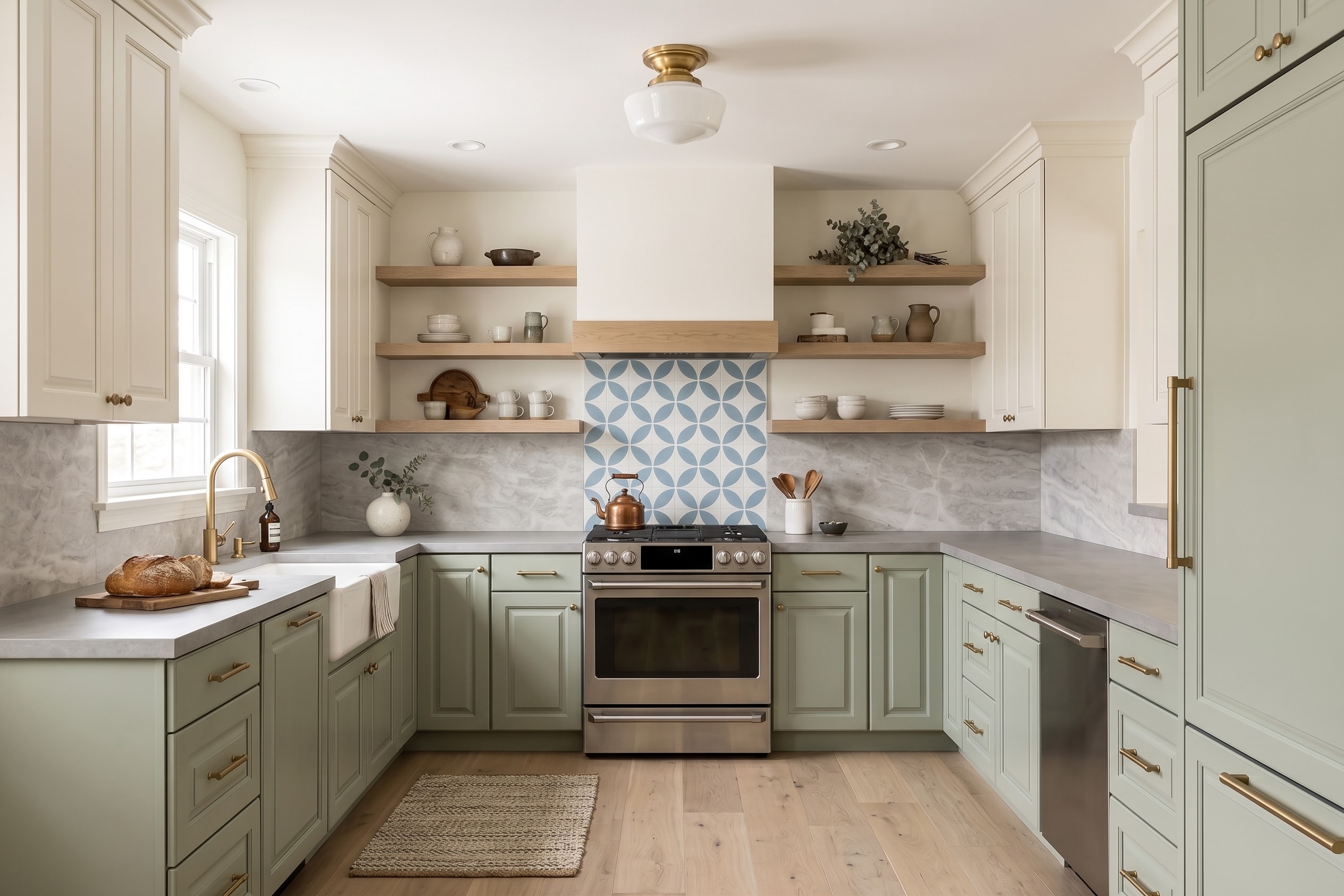 Example farmhouse kitchen with wood cabinets and open shelves