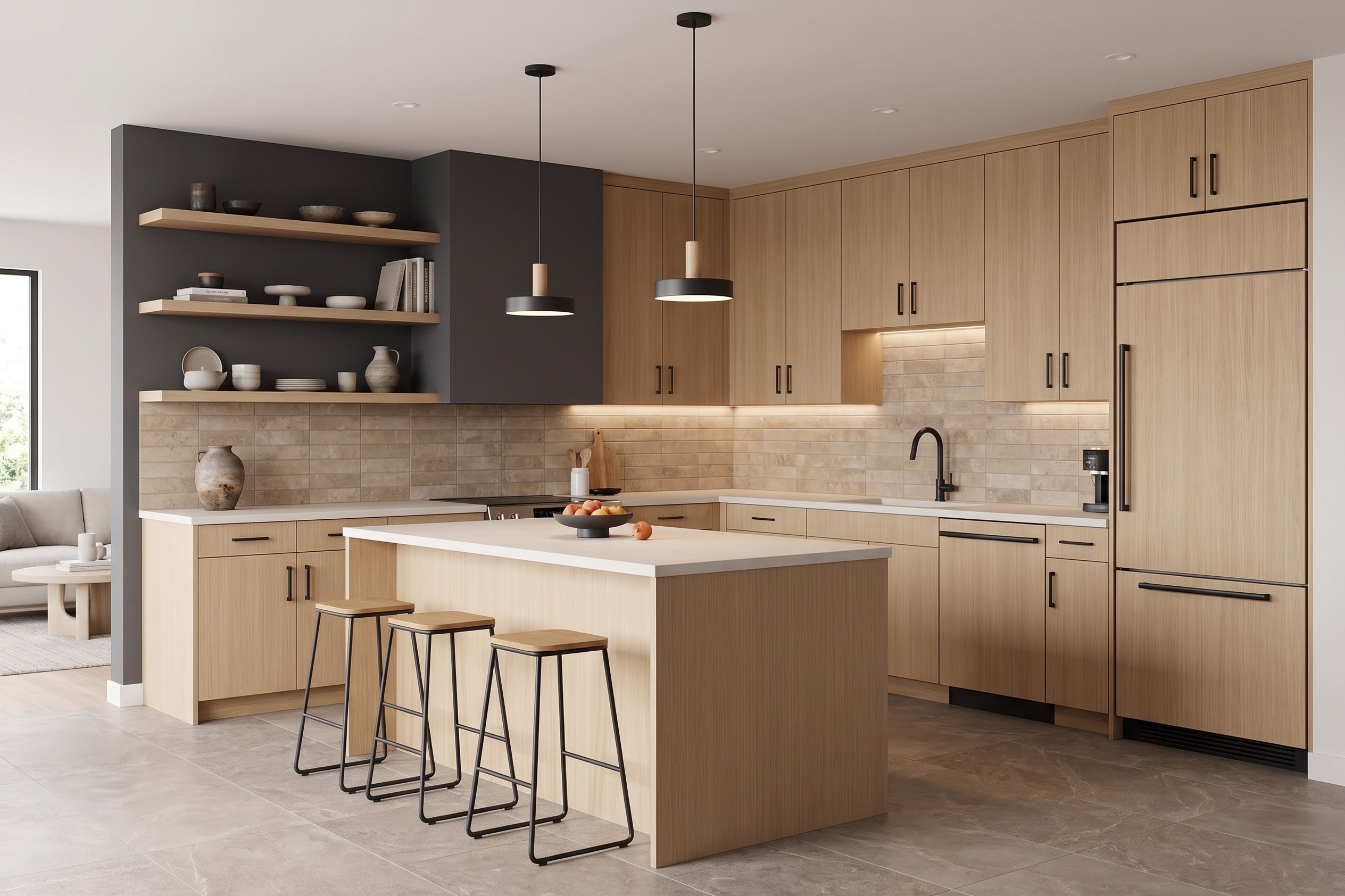 Example kitchen with natural wood cabinets and a central island