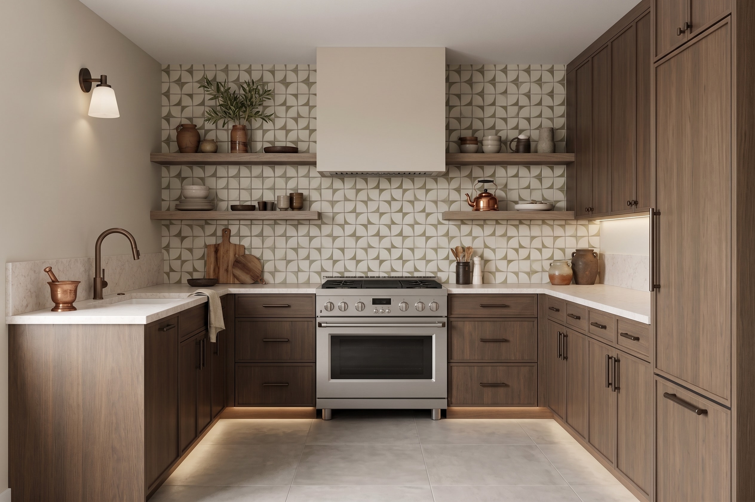 Example kitchen with wood cabinets and bold patterned wall tiles