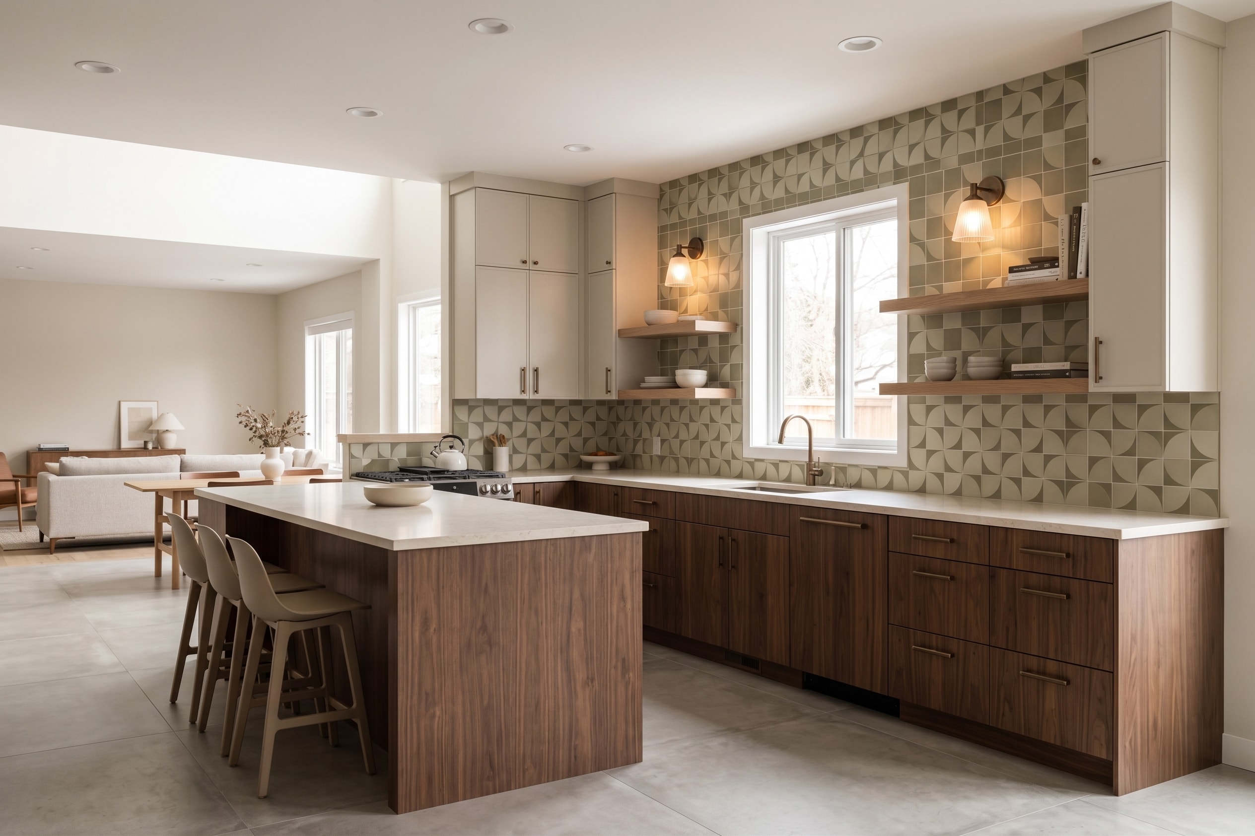 Example kitchen with wood cabinets and detailed patterned wall tiles