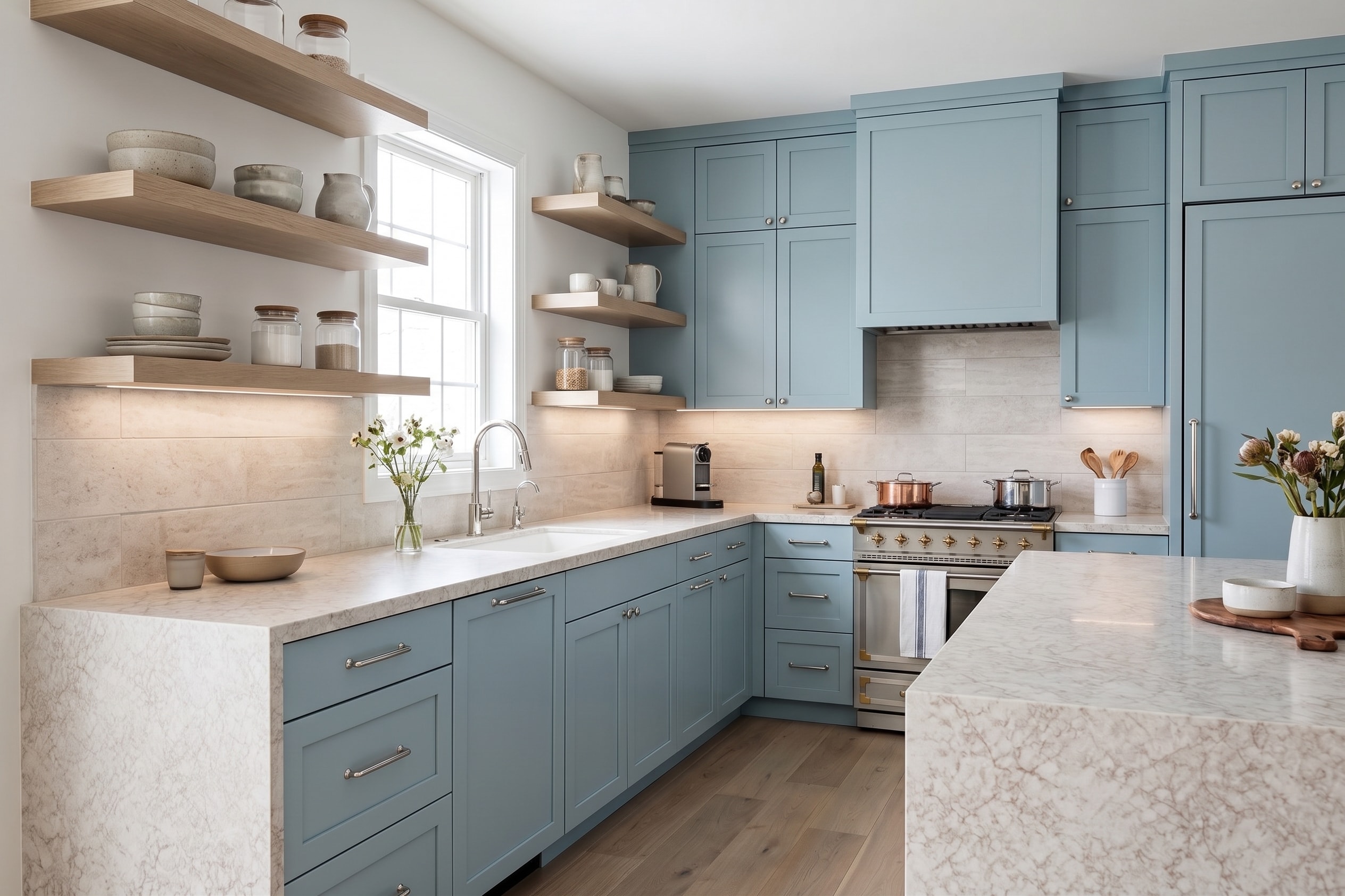 Example kitchen with blue cabinets and marble-look counters