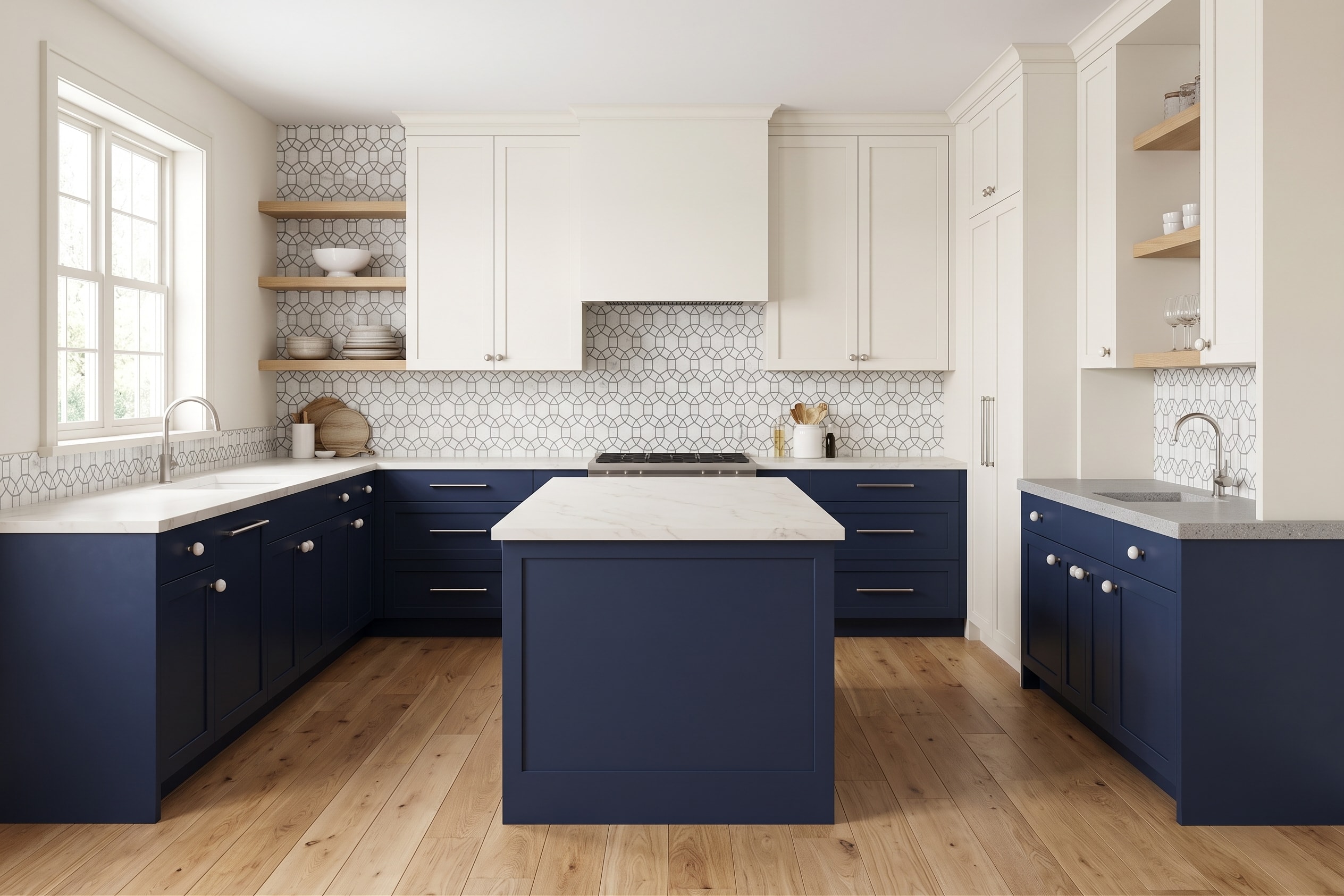 Example kitchen with dark blue cabinets and patterned wall tiles