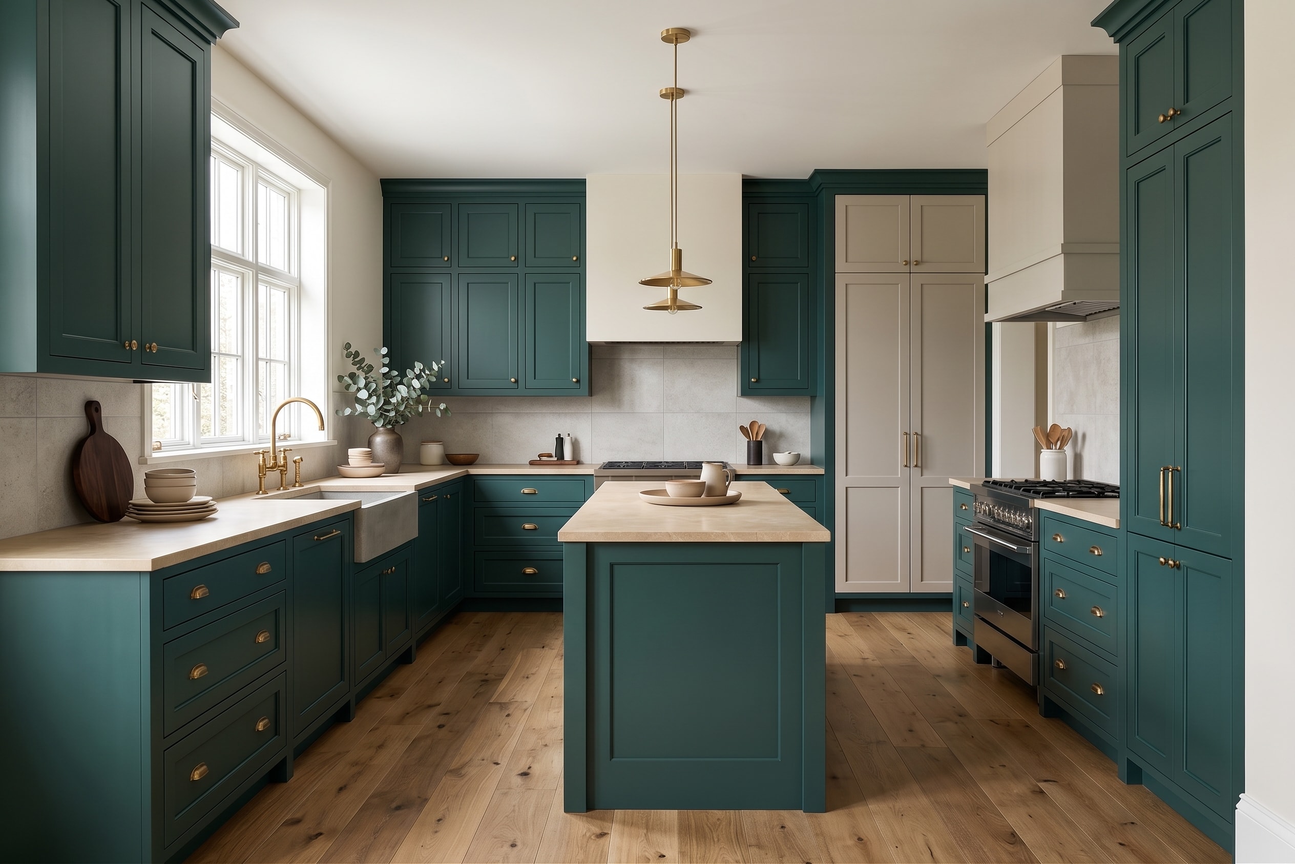 Example kitchen with green cabinets and a central island