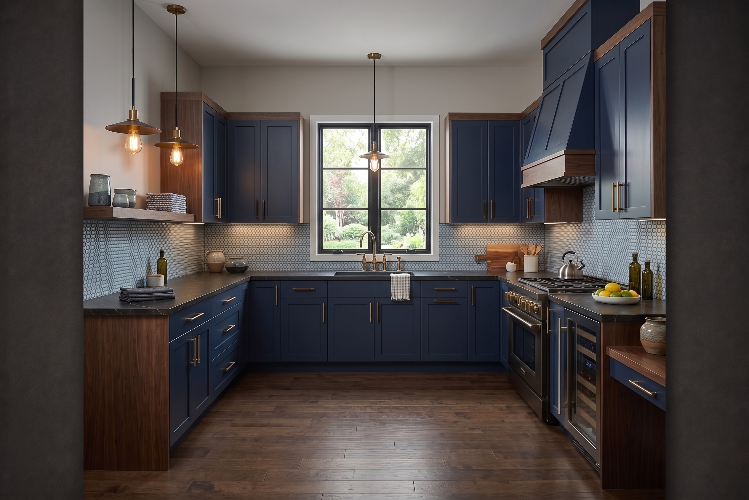 Example kitchen with dark blue cabinets and wood details