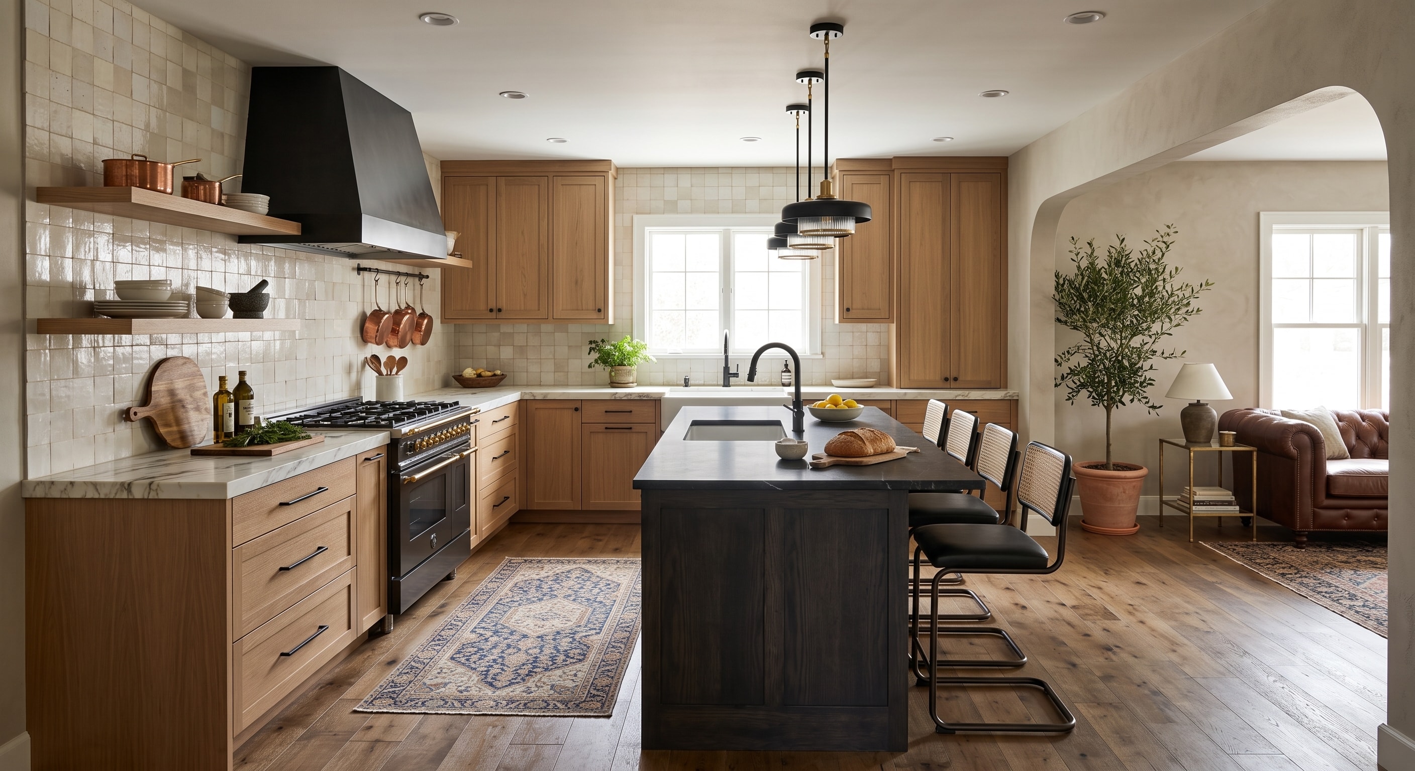 Example kitchen with wood wall cabinets and a black island