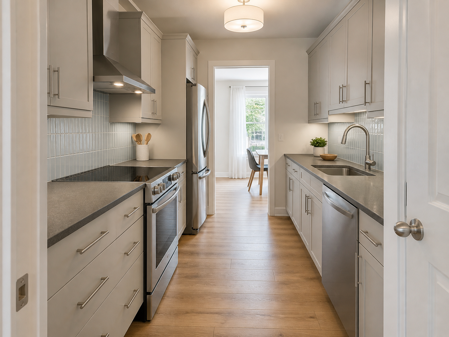 Example narrow kitchen with stainless steel appliances