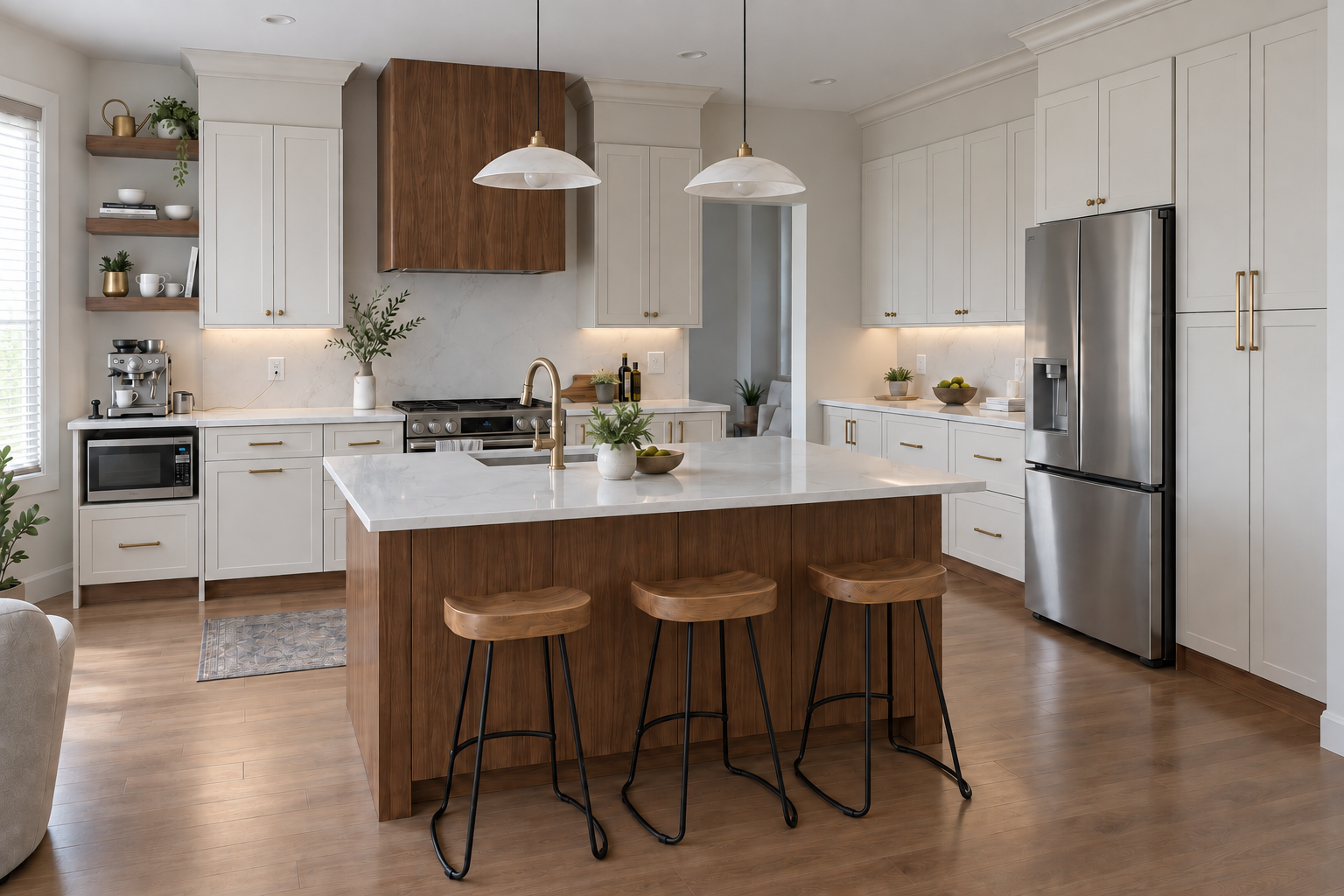 Completed Orleans kitchen with white Shaker cabinetry and a walnut island
