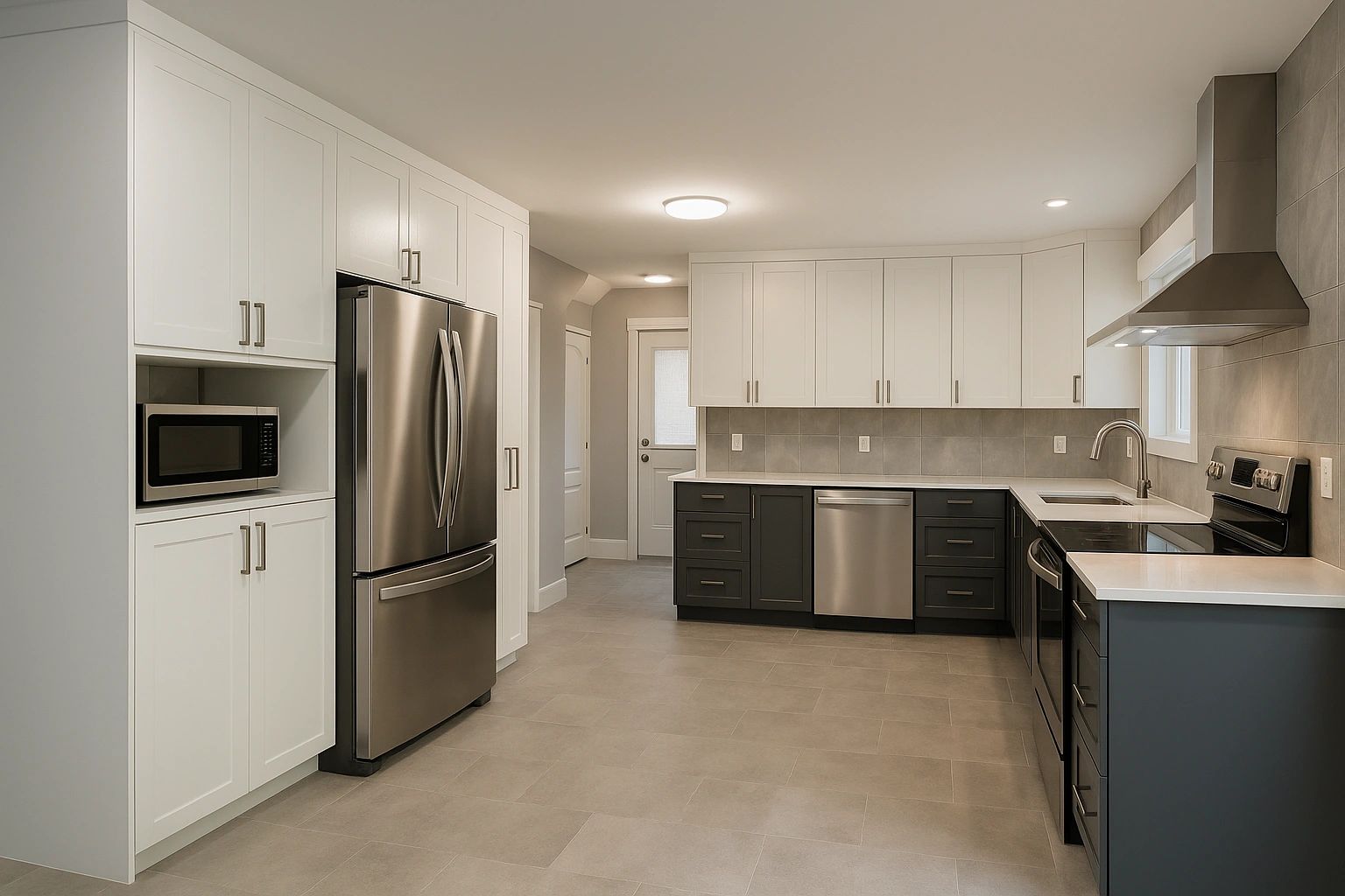 Modern L-shaped kitchen design with custom cabinets