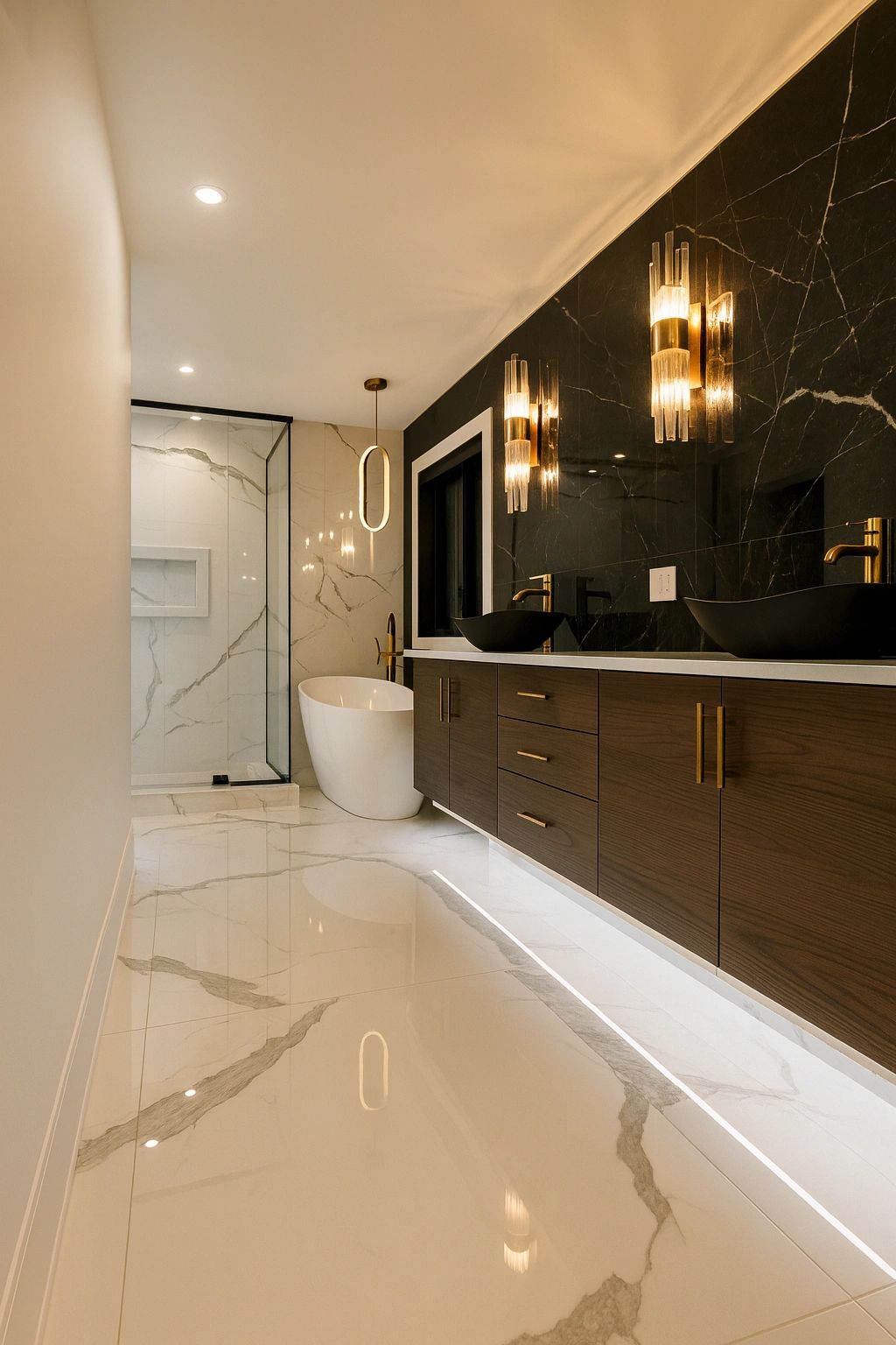 Luxury spa bathroom with freestanding tub and pendant lighting