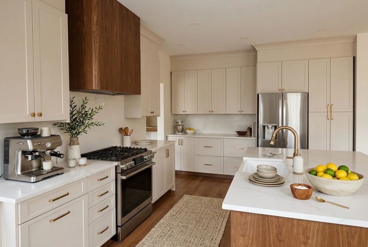 Luxury two-tone kitchen with cream cabinetry, dark wood hood, and brass hardware